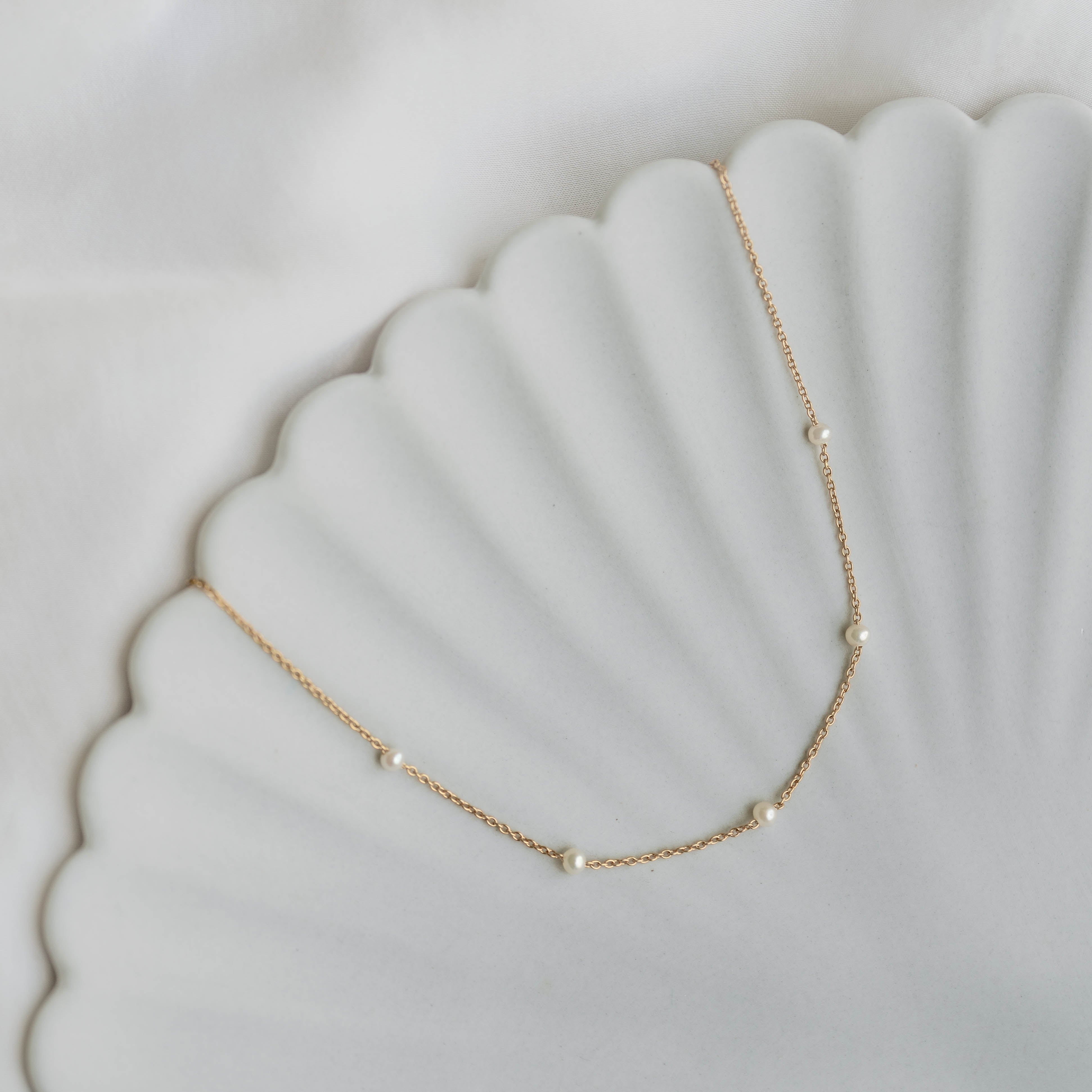 14K Gold Pearl Station Necklace