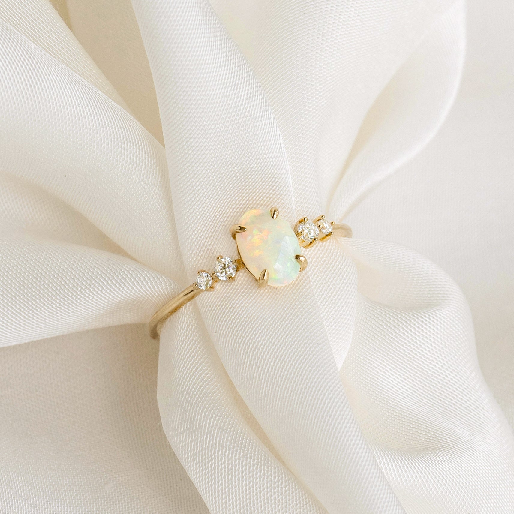 14K Gold Opal Cabochon Diamond Accent Ring