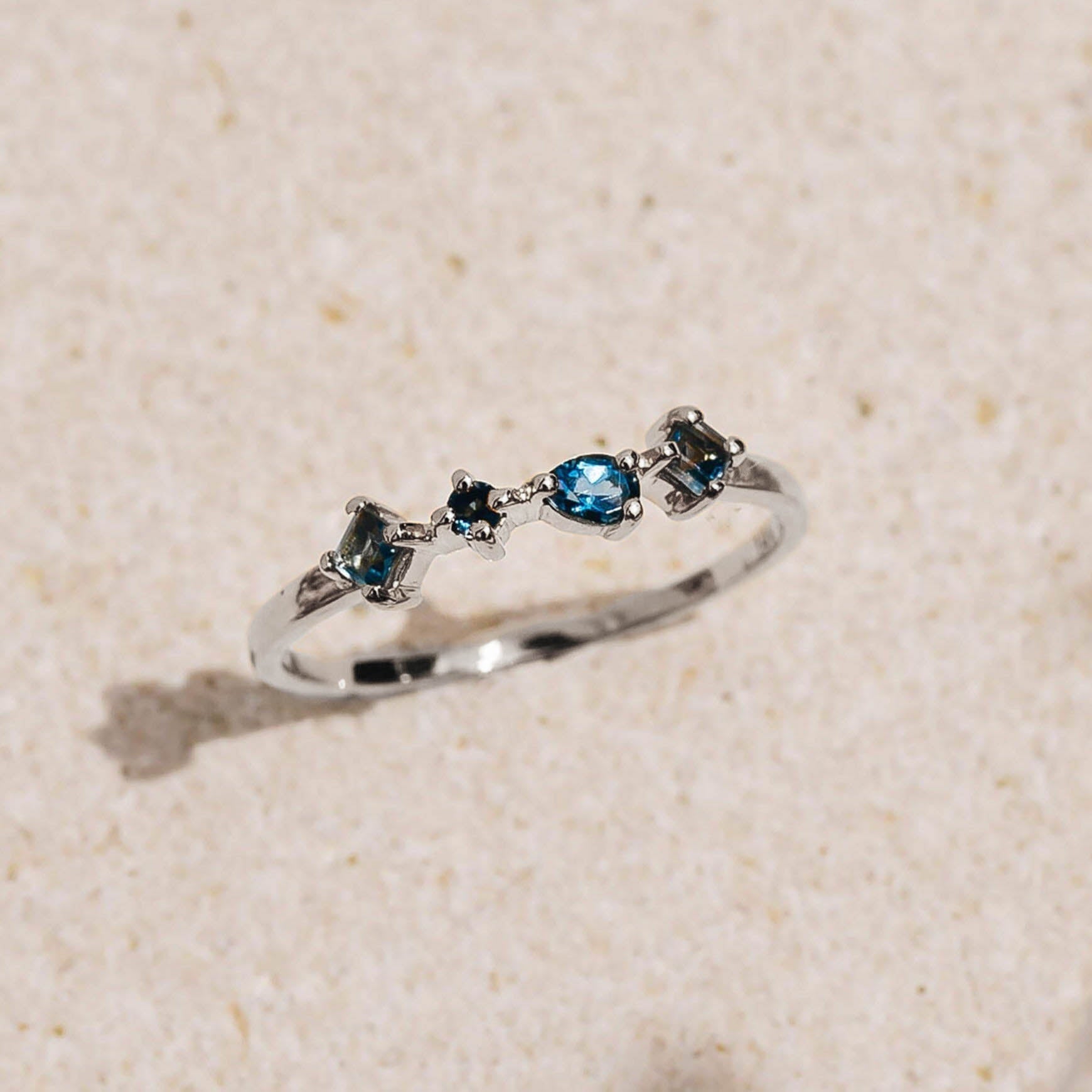 14K White Gold Asymmetric Blue Topaz Gemstone Ring