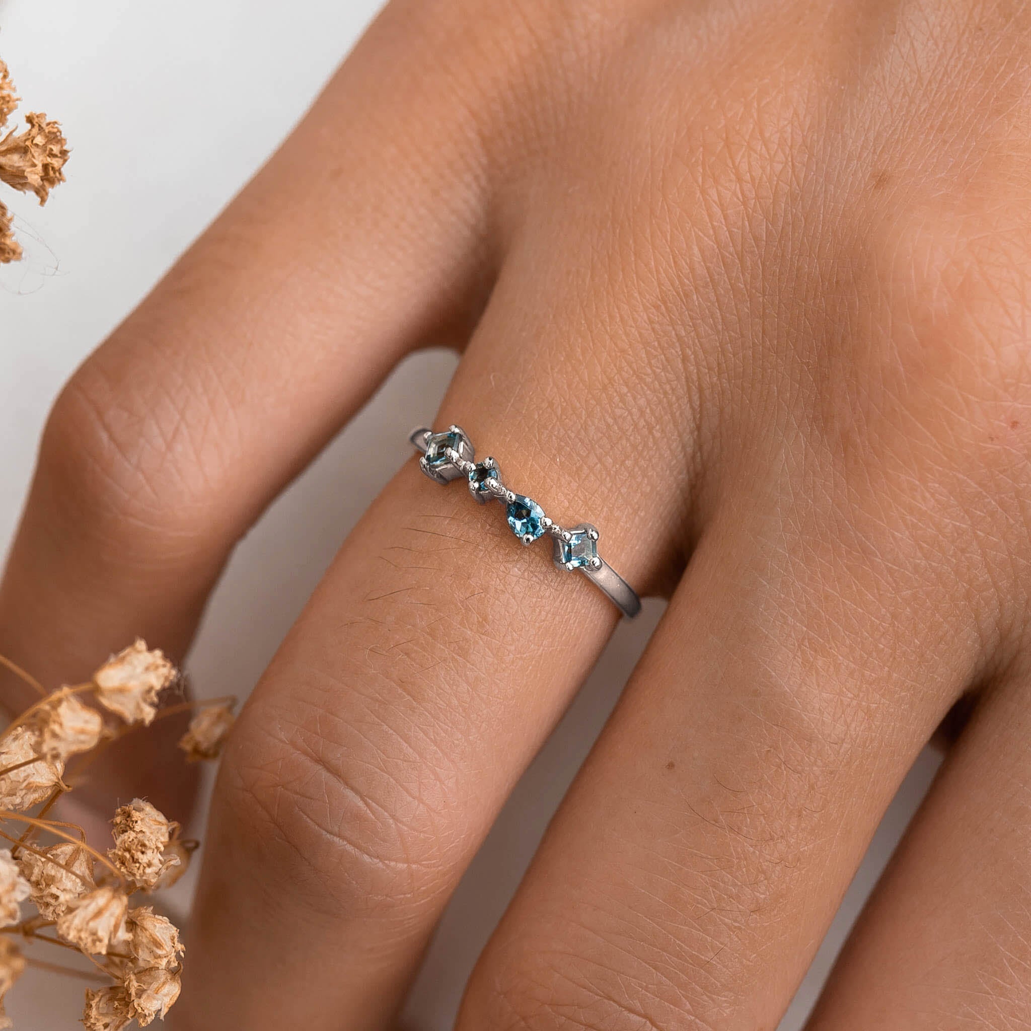 14K White Gold Asymmetric Blue Topaz Gemstone Ring