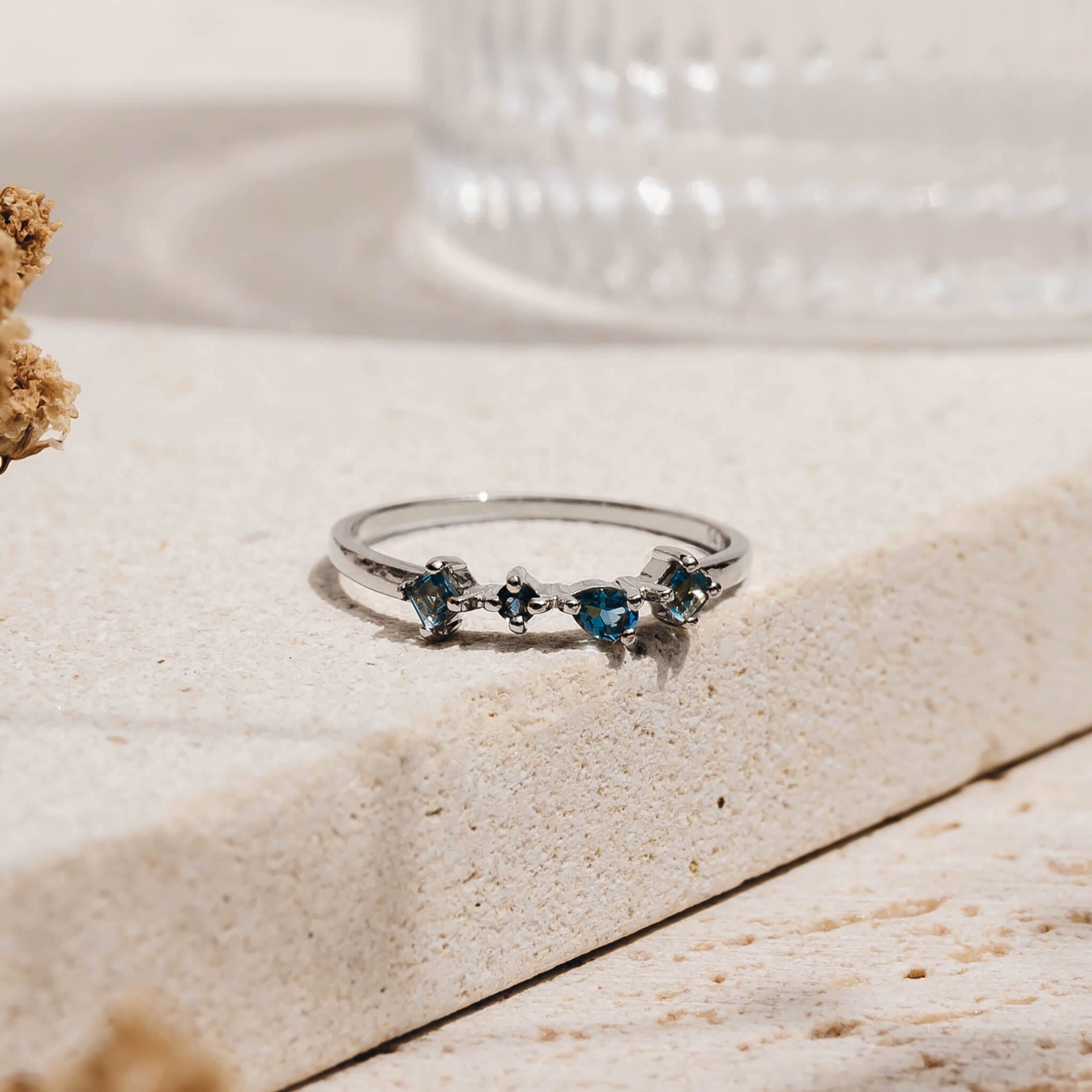 14K White Gold Asymmetric Blue Topaz Gemstone Ring