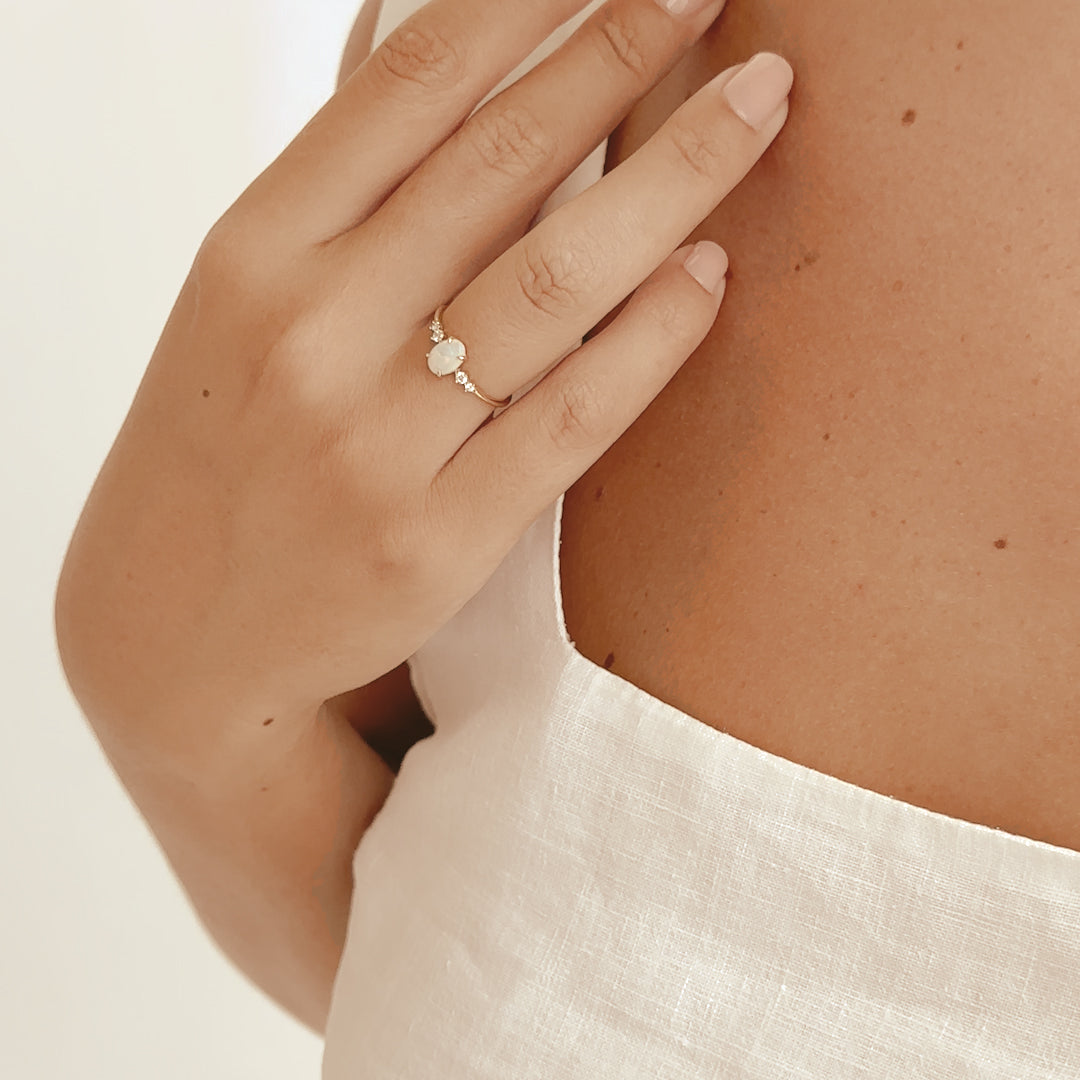 14K Gold Opal Cabochon Diamond Accent Ring