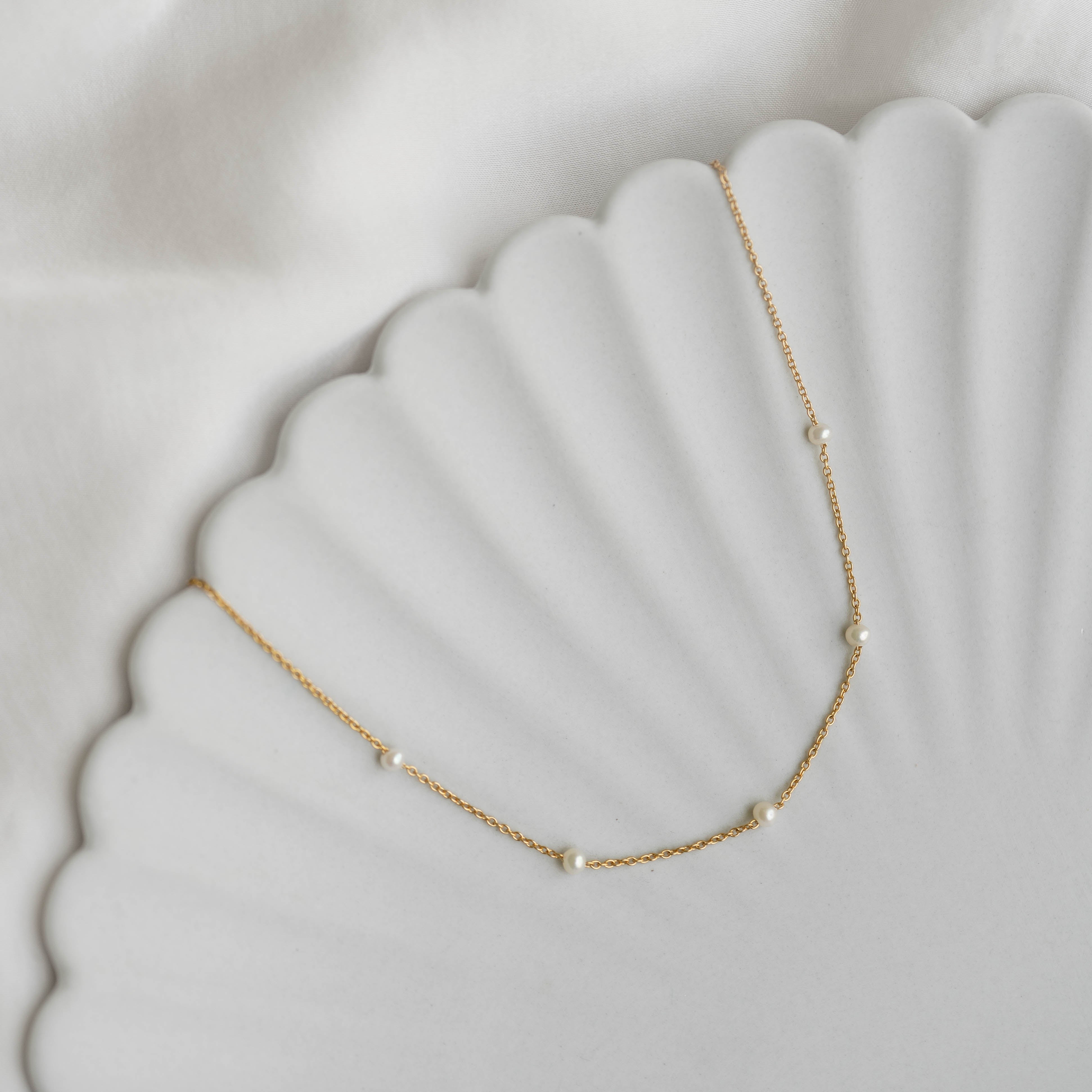 14K Gold Pearl Station Necklace