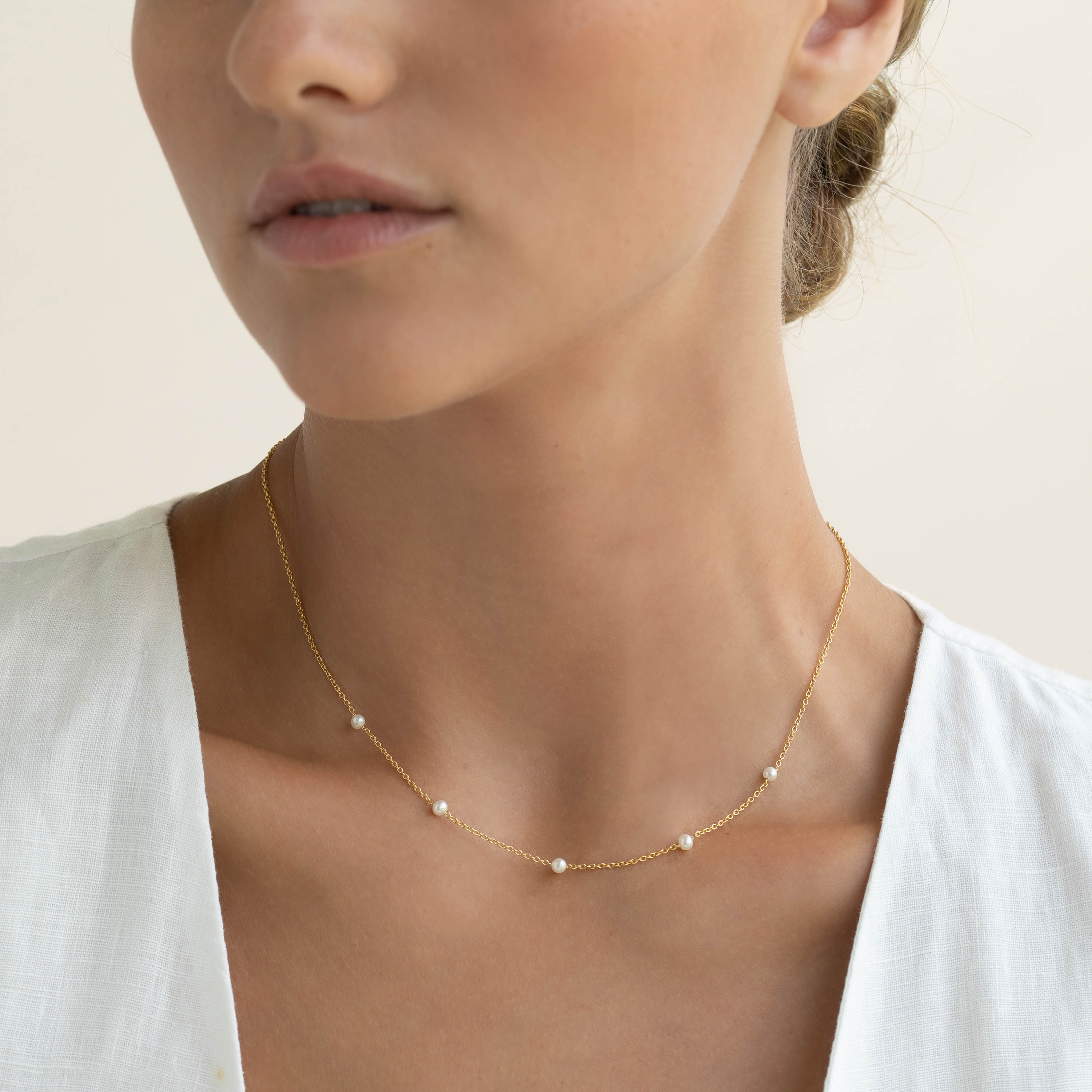 14K Gold Pearl Station Necklace