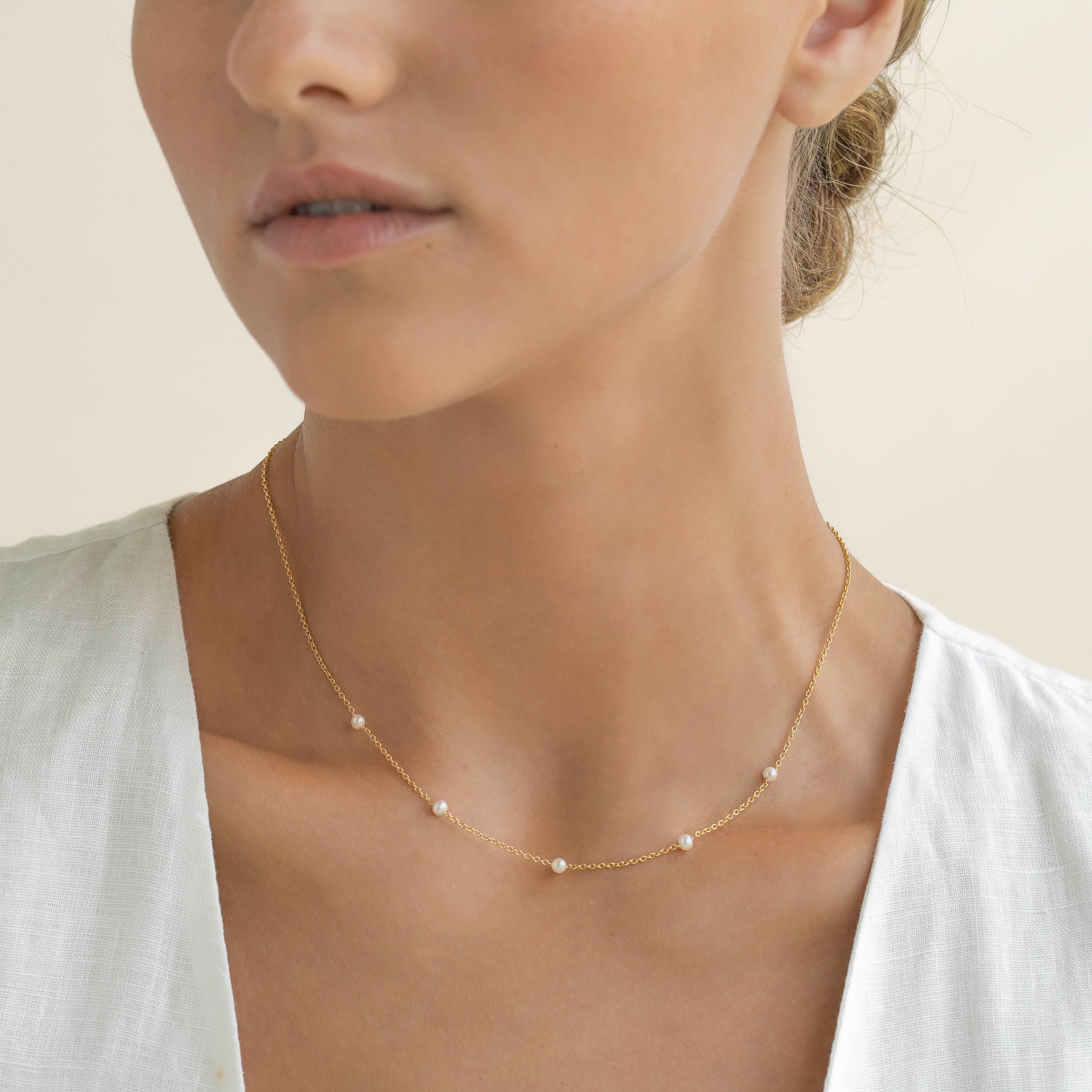 14K Gold Pearl Station Necklace
