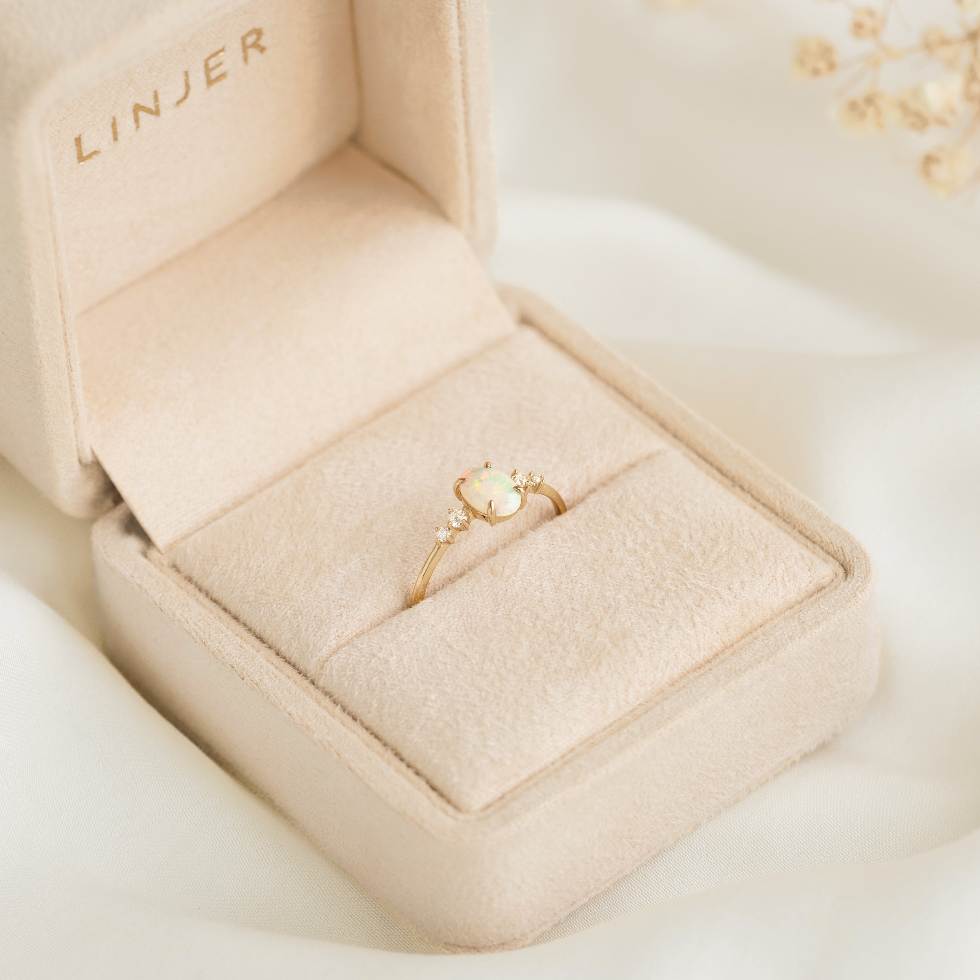 14K Gold Opal Cabochon Diamond Accent Ring