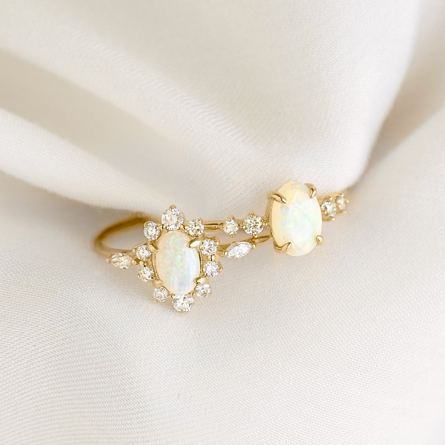 14K Gold Opal Cabochon Diamond Accent Ring