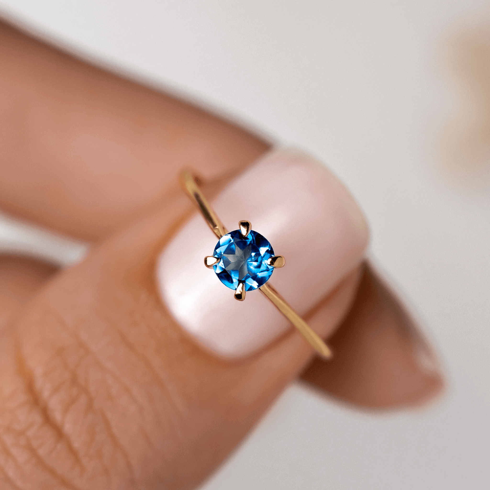 14K Gold Round Blue Topaz Solitaire Ring