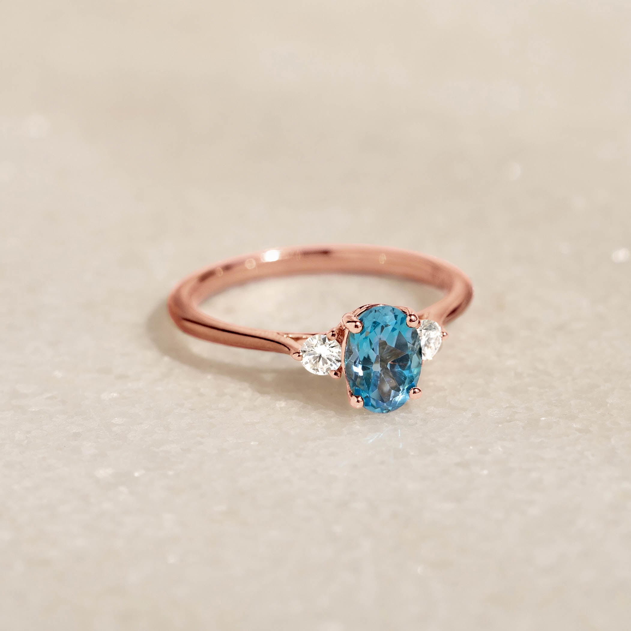 14K Rose Gold Blue Topaz and Diamond Ring