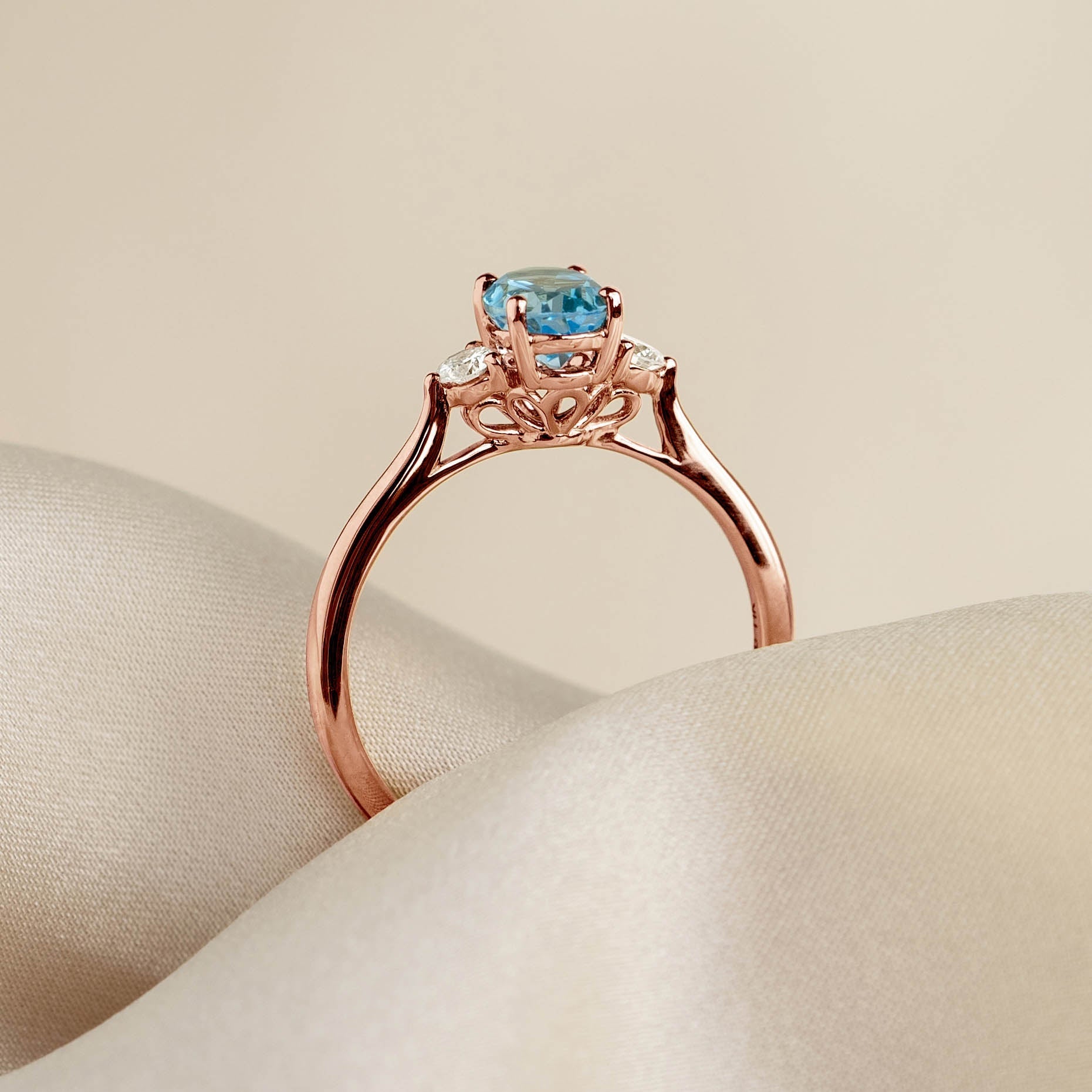 14K Rose Gold Blue Topaz and Diamond Ring
